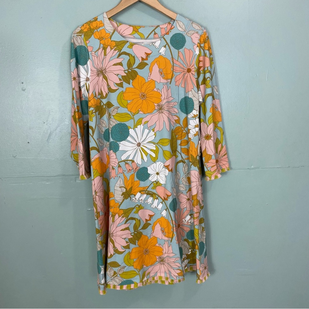 Spartina 449 Island Fringe 3/4 Sleeve Dress Honey Horn Brighton Blue Floral Sz L
